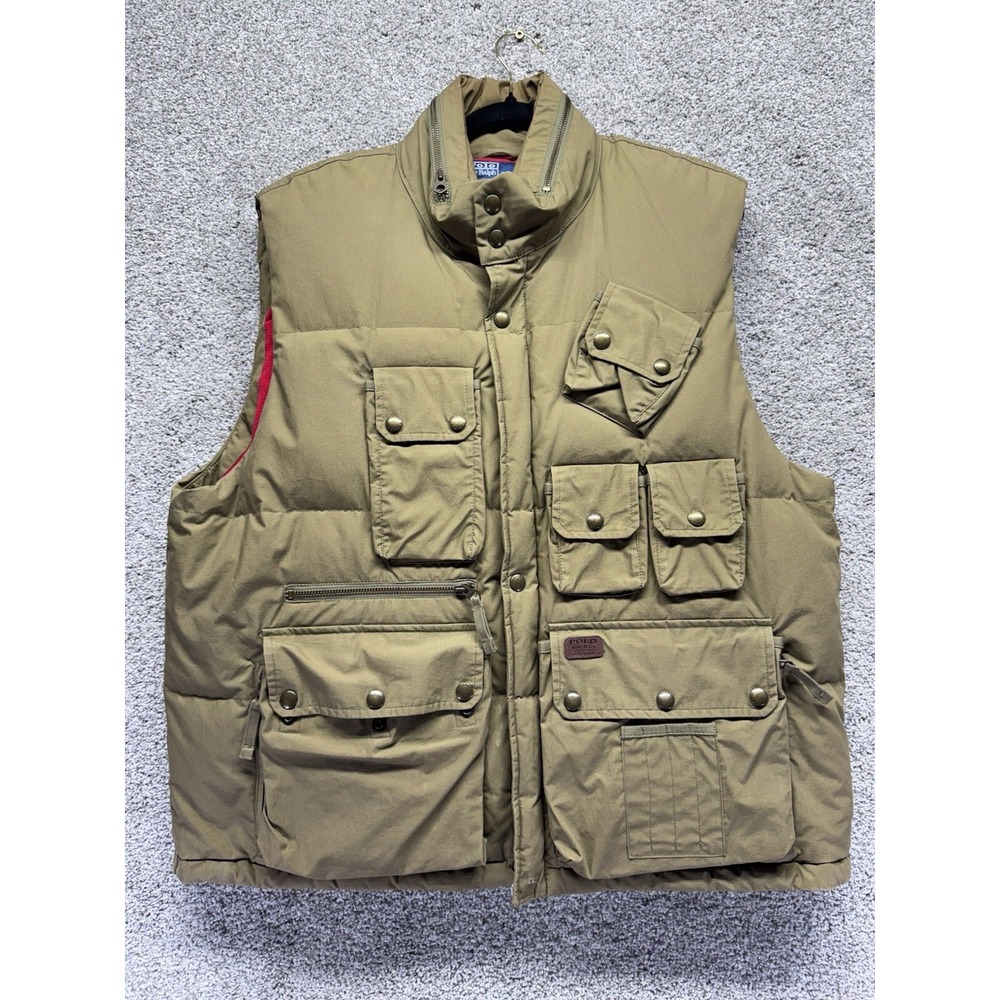 Polo Ralph Lauren Large VTG Puffer Jacket Hooded‎ Cargo GiletVest Down Rare Mens